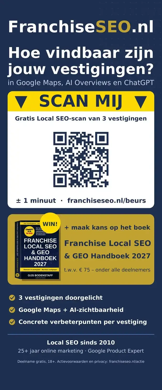 Roller banner with QR code offering a free Local SEO scan of three locations in Google Maps, AI Overviews and ChatGPT at the franchise fair